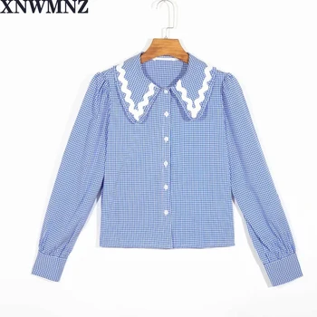 XNWMNZ za 2020 blusa feminina saldus lolita marškinėliai mori merginos rudenį, pavasarį saldus Japonų stiliaus nėrinių apykaklę, raudonos, mėlynos spalvos pledas palaidinė