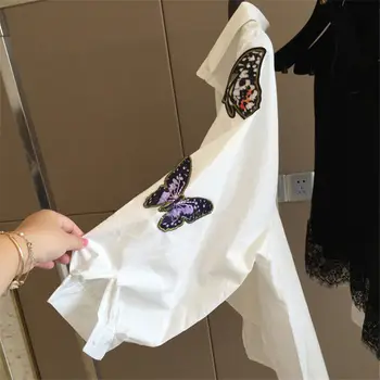 Baltos spalvos Marškinėliai Moterims Drugelis Siuvinėjimo ilgomis Rankovėmis Plius dydis Prarasti Palaidinė ir Viršūnių Ponios Mygtuką Žemyn Marškiniai