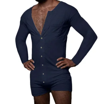 Vyrai Seksualus Sleepwear vientisos spalvos liesas jumpsuit ilgomis rankovėmis seksualus Mygtuką Pižama Homewear Sleepwear Romper naktiniai drabužiai Plius Dydis