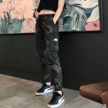 Kamufliažas Streetwear Krovinių Kelnės Moterims Atsitiktinis Poilsiu Juoda Aukštos Juosmens, Palaidi Moterų Kelnės Korėjos Stiliaus Ponios Kelnės
