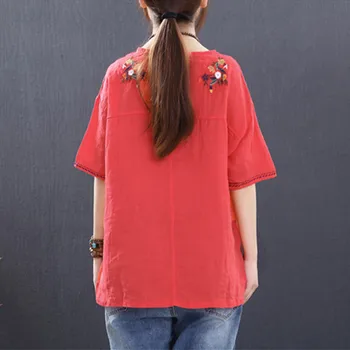 Naujas 2019 Etninės Gėlių Aplikacija Vasaros T-marškiniai, trumparankoviai Nacionalinės Stilių Aukštos Kokybės Medvilnės Skalbiniai Moterys T-Shirt 4 Spalvos
