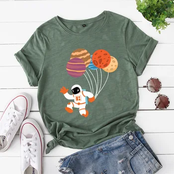 JCGO Vasaros Medvilnės trumpomis Rankovėmis Moterims marškinėlius Plius Dydis S-5XL Animacinių filmų Astronautas Balionas Spausdinti Atsitiktinis Tees Viršūnes, O Kaklo T-shirt