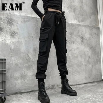 [EAM] Juodosios Kišenės Aukštos Elastinga Juosmens Ilgai Haremo Kelnės Naujos Loose Fit Kelnės Moterims Mados Banga Pavasario Rudens 2021 1DD2683
