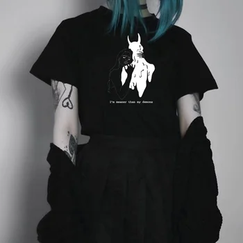 Kuakuayu HJN Moterų aš esu Agresyvesnis Nei Mano Demonus T-Shirt Tumblr Mados Grunge Stiliaus Tee Šėtono Marškinėliai Gotikos Drabužių