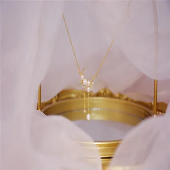 Korėjos Išskirtinį Perlą Kristalinis Mėnulis Pakabukas Karoliai Moteriškas Prabangus Aukso Grandinės Clavicle Grandinės Juvelyrikos Jubiliejų Dovana Mergaitėms