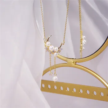 Korėjos Išskirtinį Perlą Kristalinis Mėnulis Pakabukas Karoliai Moteriškas Prabangus Aukso Grandinės Clavicle Grandinės Juvelyrikos Jubiliejų Dovana Mergaitėms