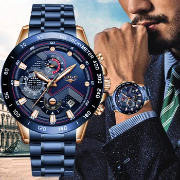 LIGE Atsitiktinis Sporto Laikrodžiai Vyrams Blue Top Brand Prabanga Karinės Full Steel Riešo Žiūrėti Žmogus Laikrodis Mados Chronograph Laikrodis