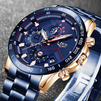 LIGE Atsitiktinis Sporto Laikrodžiai Vyrams Blue Top Brand Prabanga Karinės Full Steel Riešo Žiūrėti Žmogus Laikrodis Mados Chronograph Laikrodis