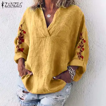 ZANZEA Rudenį Medvilnės Skalbiniai, Marškiniai, Moterų V-Kaklo, ilgomis Rankovėmis Palaidinė Gėlių Siuvinėjimas Viršūnes Femme Skraiste Darbo Blusas Chemise Mujer 7