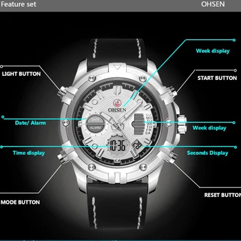 Vyrai Skaitmeninis Žiūrėti Šviečiantys LED Dienos, Savaitės, Odinis Daugiafunkcis Sporto Laikrodis atsparus Vandeniui Vyrų Kvarcinis Analoginis Laikrodis Vyrų Reloj