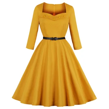 Rudenį 50s Vintage Suknelė Su Diržo Kietas Sūpynės, Rockabilly Retro Jurken Šalies Vestidos 3/4 Ilgio Rankovėmis Plius Dydis Drabužiai