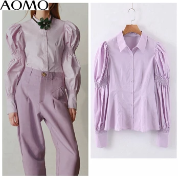 AOMO fahsion moterų retro violetinė pasėlių palaidinė sluoksniuotos ilgomis rankovėmis 2020 naują atvykimo elegantiškos moters balti marškinėliai topai QB142A