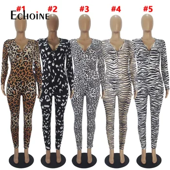 Echoine 2021 m. Rudens Žiemos Seksualus Onesies Suaugusiems Long Sleeve V-kaklo Leopardas Spausdinti Pajama Rompers Moterų Jumpsuit naktiniai drabužiai