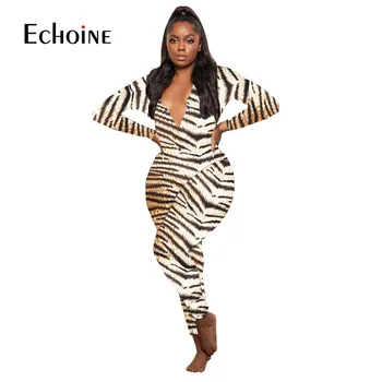 Echoine 2021 m. Rudens Žiemos Seksualus Onesies Suaugusiems Long Sleeve V-kaklo Leopardas Spausdinti Pajama Rompers Moterų Jumpsuit naktiniai drabužiai