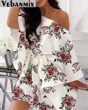 Off Peties Gėlių Spausdinti Moterų Vasaros Suknelė 2020 Atsitiktinis Paplūdimio Atostogų Suknelė su Diržu