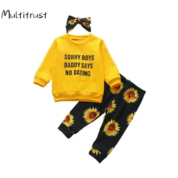 0-24M Pavasarį, Rudenį Baby Kombinezonas Nustatyti Raidę, Apvalios Kaklo Long Sleeve T-Shirt+ Saulėgrąžų PrintPants+ Lankelis 3pcs