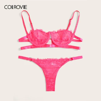 COLROVIE Neon Pink Gėlių Nėrinių Underwire Seksualus apatinis Trikotažas Nustatyti Moterų Artimieji 2019 Lounge Liemenėlė Ir Dirželius Moterų apatinio Trikotažo Komplektas