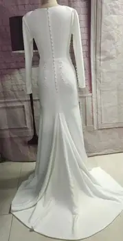 Elegantiškas Ilgas Undinė Lace V-Neck Vestuvių Suknelės su Rankovėmis Valymo Traukinio Mygtuką Atgal Satino Brautkleider Nuotakos Suknelė Moterims