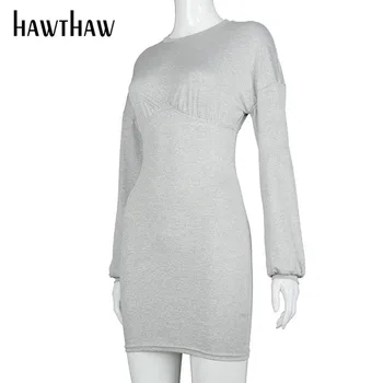Hawthaw Moteris Rudens-Žiemos Ilgos Rankovės Bodycon Soild Spalva Pilka Pakuotė Klubo Mini Trumpą Suknelę 2020 M. Rudenį Drabužių Streetwear