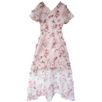 Elegantiška Rožinės spalvos Gėlių Gėlių Siuvinėjimo Tinklelio, Suknelė Moterų Derliaus Matyti Per Šalies kilimo ir tūpimo Tako Suknelės Spalvingas Vien Vestidos