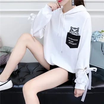 Katė kišenėje kpop negabaritinių moterų megztinis hoodies juoda rausva palaidinukė streetwear japonijos plius dydis estetinės hoodie rudenį 2019