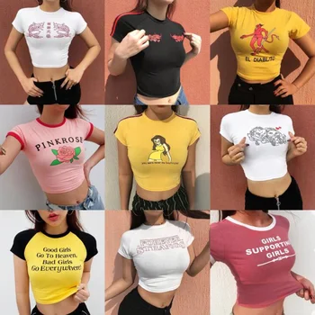 14 Stiliaus Mados Laišką, Print T-shirt Atsitiktinis Vasarą nauju Moterų Slim Trumpas Rankovės Animacinių filmų Spausdinimo Trumpi Marškinėliai Viršuje 2019 Naujas