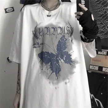 Vasaros Marškinėlius Moterims Marškinėliai Harajuku T-shirt In Tamsiai Hip-hop ' o Asmenybės Drugelis Grafiti Spausdinti trumparankoviai Punk Drabužiai