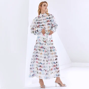 TWOTWINSTYLE Elegantiškas Dryžuotas Midi Suknelė Moterims Stovėti Apykakle ilgomis Rankovėmis Varčias Spausdinti Suknelės Moterų Mados Naują Drabužių 2020 m.