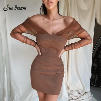 Seksualus Ruda Off-pečių Akių ilgomis rankovėmis Suknelė 2020 M. Pavasarį Moterų Naujas Elegantiškas kilimo ir tūpimo Tako Vakare Šalis Suknelė Vestido
