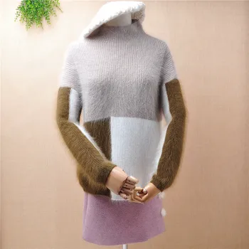 Ponios moterų mados gėlių spalvos angoros triušio kailio, žieminiai drabužiai, trikotažo gaminiai šiltas, laisvas megztinis megztinis megztinis viršūnes traukti