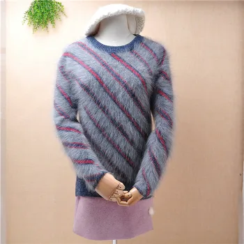 Ponios moterų mados gėlių spalvos angoros triušio kailio, žieminiai drabužiai, trikotažo gaminiai šiltas, laisvas megztinis megztinis megztinis viršūnes traukti