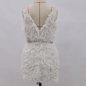 Bonnie Miško Elegantiškas Baltas Pūkuotas Mini Suknelė 2021 Moteriški Berankoviai Plunksnų Kratinys Bodycon Šalies Klubas Suknelė Vestuvių Apranga