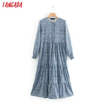 Tangada moterų mėlyna spausdinti ilga suknelė ilgomis rankovėmis peteliškė ant kaklo mados derliaus ponios plisuotos suknelė vestidos XN292