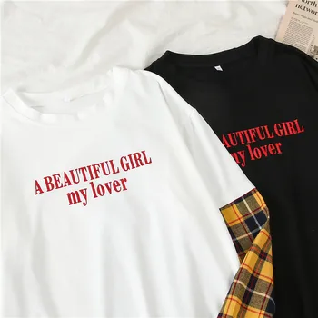 Harajuku kawaii moterų Marškinėlius Prarasti Atsitiktinis ilgomis Rankovėmis Pledas kratinys marškinėliai rudenį Studentai Paprastu laišku baltas juodas t-shirts