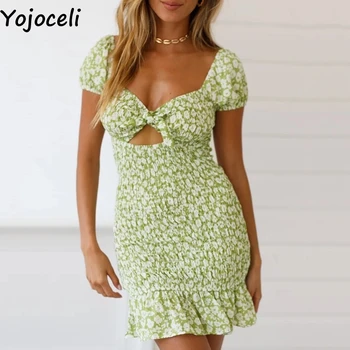 Yojoceli elegantiškos žalios spalvos gėlių spausdinti suknelė moterims shirred bodycon mini suknelė boho paplūdimio pynimas suknelė