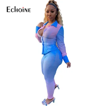 Echoine Moterų 2020 Naujus Gradientas Turistų Giliai V Kaklo Bodysuit Marškinėliai + Aukšto Liemens Kelnės Dviejų Dalių Rinkiniai Šalies Clubwear Komplektai