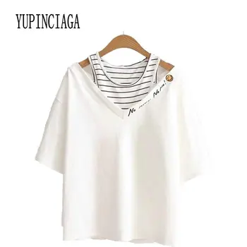 Vasarą Naujų Harajuku Moterų marškinėliai Kieto spalvų Paprasta T-shirt moterų stebėjimo trumpas rankovės netikrą dviejų dalių viršuje YUPINCIAGA