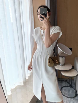 Elegantiškas Šalis moteris suknelė ZA 2020 M O-kaklo trumpomis rankovėmis Midi vestidos stora baltos suknelės Užtrauktuką dizaino vasaros sukienka