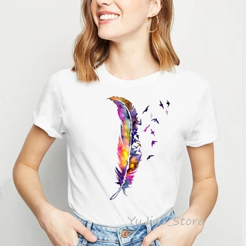 Akvarelė plunksnų paukščiai spausdinti kawaii marškinėliai femme vasarą viršų moteriška balta marškinėlius tumblr drabužių streetwear lašas laivybos