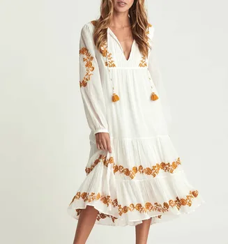 TEELYNN Balta Giliai V-Kaklo, ilgomis Rankovėmis Suknelės Moterims Derliaus Medvilniniai Siuvinėjimo Rudenį Vestidos 