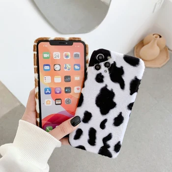 Karvės Pienas, Juoda Balta Šilta Pliušinis Telefono dėklas Skirtas iPhone 11 12 Pro Max XR XS X 7 8 Plius Prabanga Paprasta Pūkuotas Kailio Galinį Dangtelį Shell