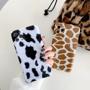 Karvės Pienas, Juoda Balta Šilta Pliušinis Telefono dėklas Skirtas iPhone 11 12 Pro Max XR XS X 7 8 Plius Prabanga Paprasta Pūkuotas Kailio Galinį Dangtelį Shell