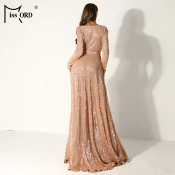 Missord 2021 Moterims Seksualus Gilus-V ilgomis Rankovėmis Aukštos Padalinta Suknelė Moterų China Elegantiškas Šalis Maxi Atspindintis Suknelė FT9707-3