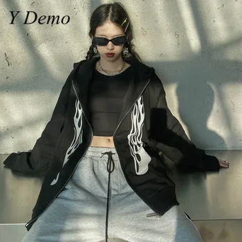 Y Demo Harajuku Streetwear Liepsna Spausdinti Moterų Užtrauktuku Striukė Prarasti Long Sleeve Black Viršutinių Drabužių Siuvimas