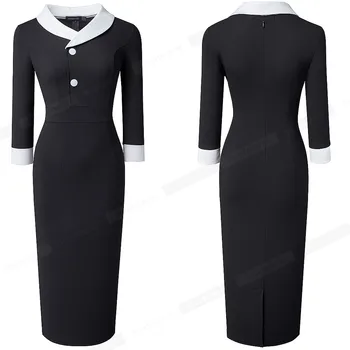 Gražus-Amžinai Rudens Retro Kontrasto Spalvų Kratinys Elegantiškas Biuras Suknelės Verslo Oficialų Apvalkalą Slim Moterų Suknelė B603