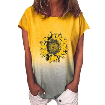2020 Naujas saulėgrąžų spausdinti marškinėliai moterims atsitiktinis trumpas rankovės o kaklo tee viršūnes moterų gėlių spausdinti mielas marškinėliai femme drabužiai