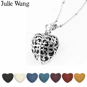 Julie Wang 1 Set Tuščiaviduriai Širdies Meilės Apranga Karoliai Su 6PCS Lavos Akmenų eterinis Aliejus Difuzoriaus Karolius, Kvepalai, Papuošalai