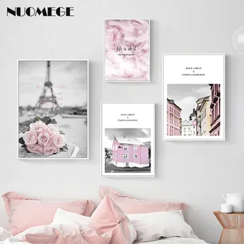 Šiaurės Pink Rose Kraštovaizdžio Drobės Tapybos Paryžiaus Architektūros Plunksnų Dekoratyvinis Nuotraukos Kambarį Restoranas, Sienų Dekoras
