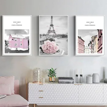 Šiaurės Pink Rose Kraštovaizdžio Drobės Tapybos Paryžiaus Architektūros Plunksnų Dekoratyvinis Nuotraukos Kambarį Restoranas, Sienų Dekoras