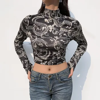 Moteris Drakonas Spausdinti Golfo Pasėlių Viršuje Marškinėlius Moterų Atsitiktinis Liesas Long Sleeve T-shrit Ponios Mados Streetwear Tee Marškinėliai